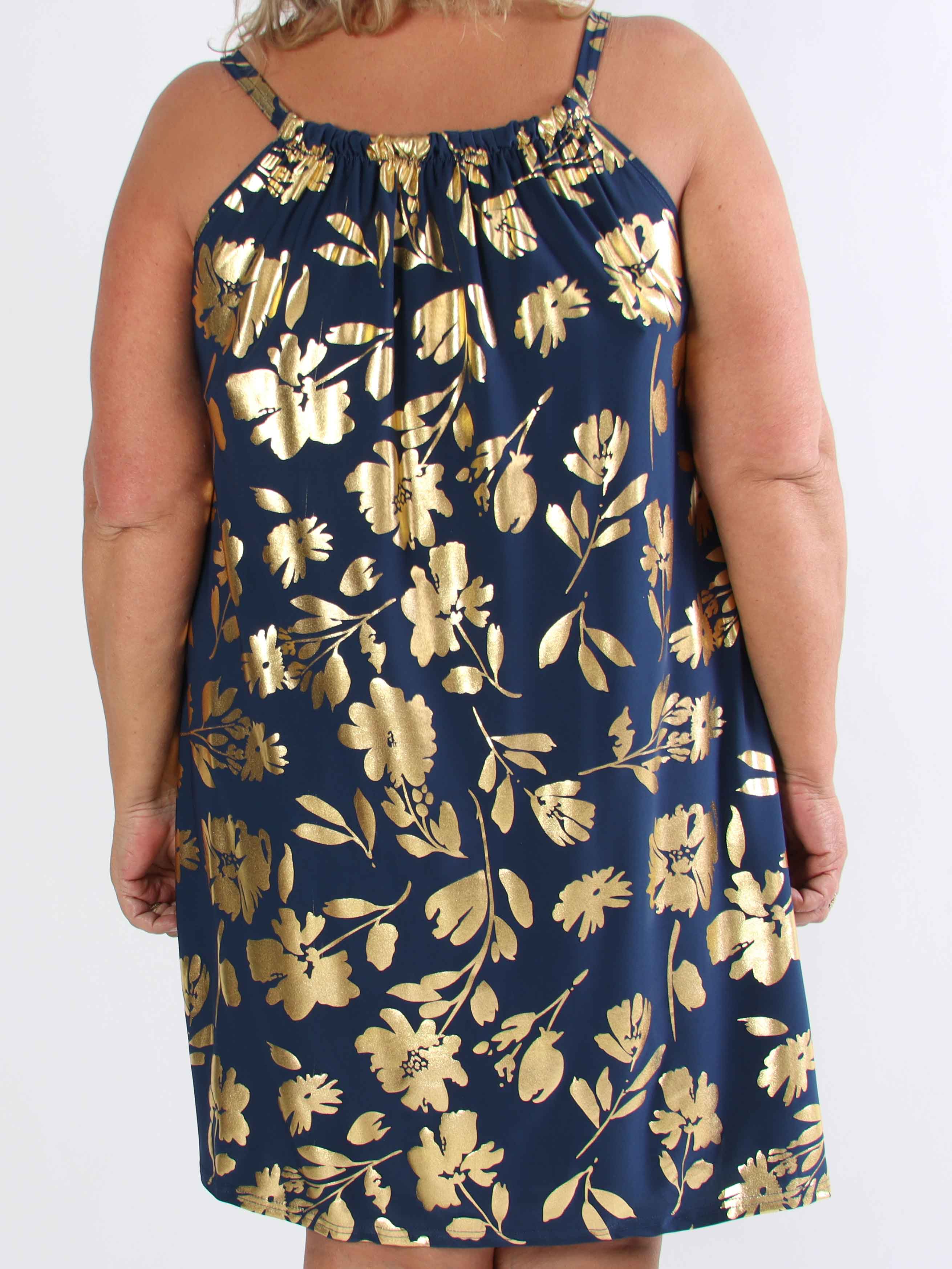 SunLove Gold Flower - Elastisk plus size stropkjole med store guldblade